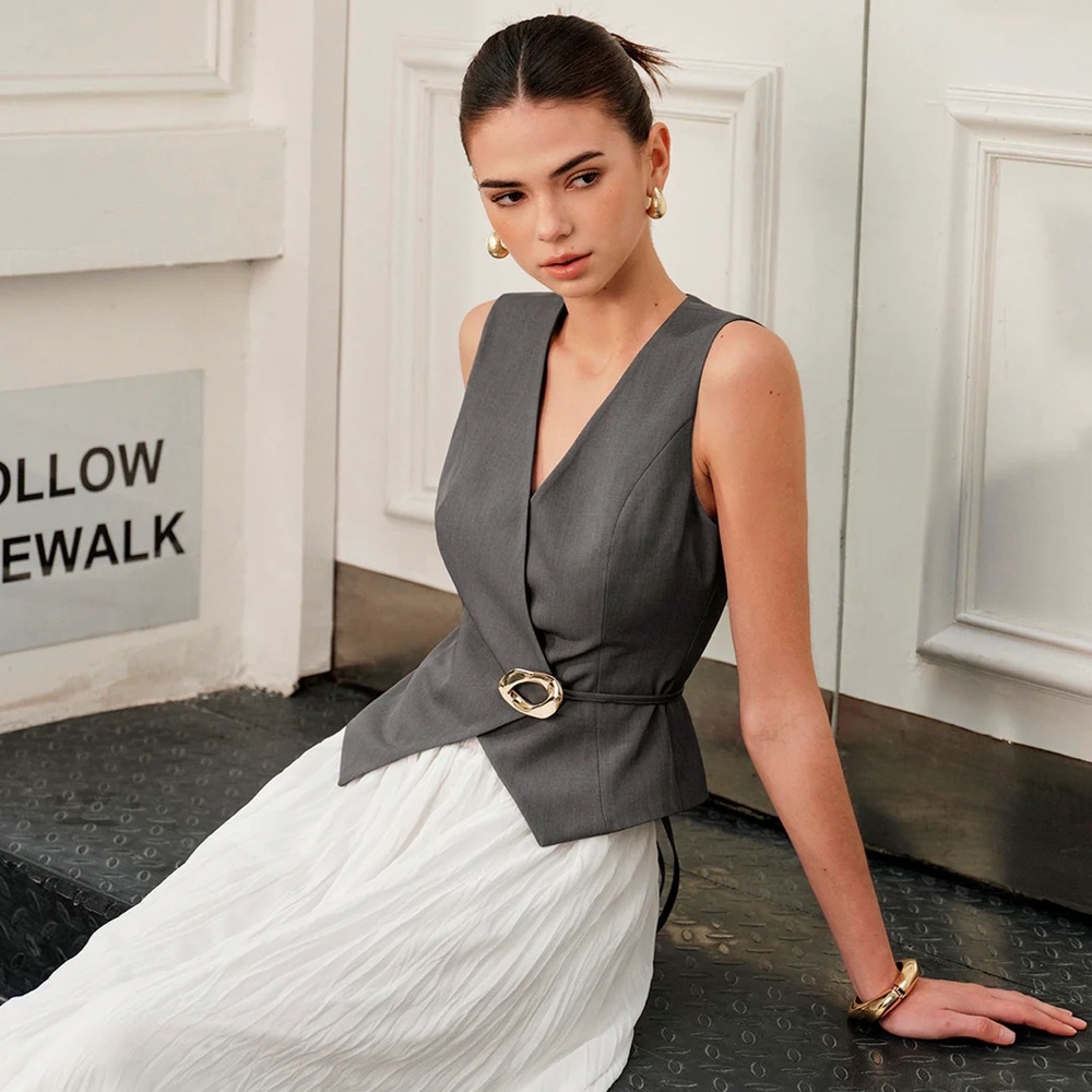 Commense Charcoal Sleeveless Vest with Belt
